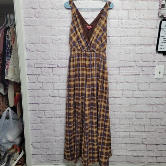 Staud Plaid Jumpsuit Extra Wide Leg Sleeveless Brown Blue Casual Size S - Picture 1 of 9